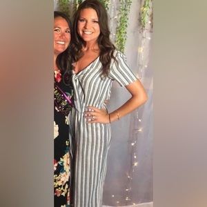 Short sleeve linen white and blue striped jumpsuit